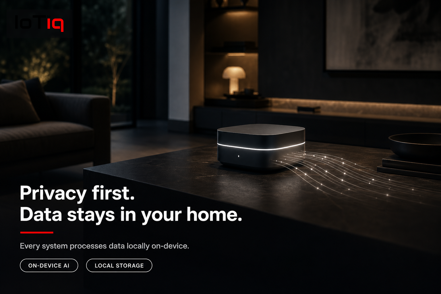 Smart home device in a modern living room emphasizing local data processing