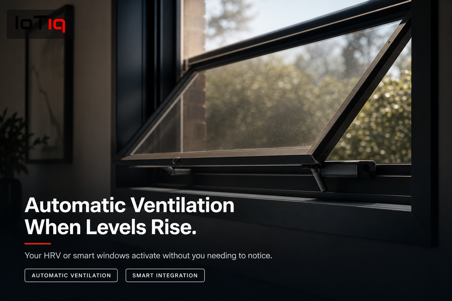 Smart window system automatically ventilating a room as part of IoTiq's air quality solutions.