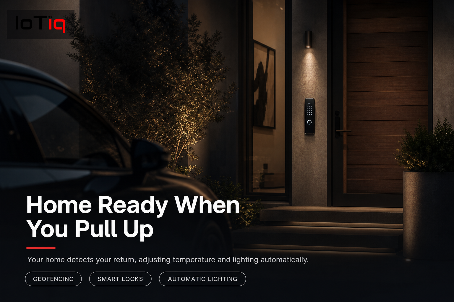 Luxury home entrance with illuminated doorway and smart lock automation at dusk