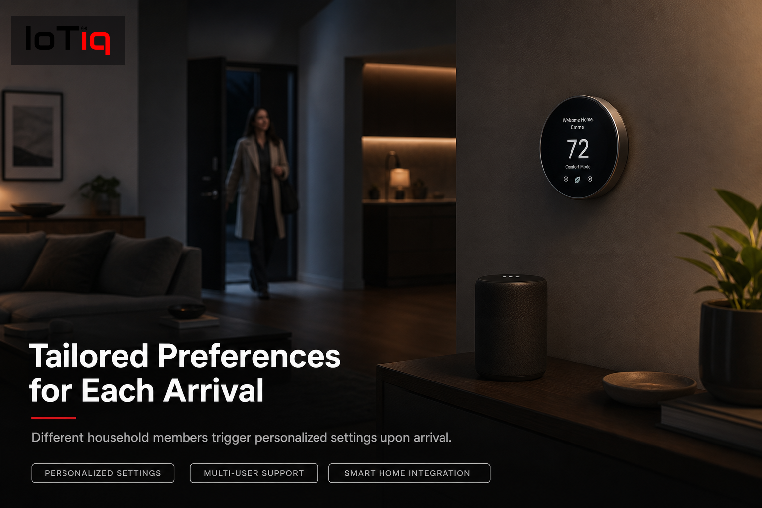 Living room with personalized lighting and temperature settings for different family members
