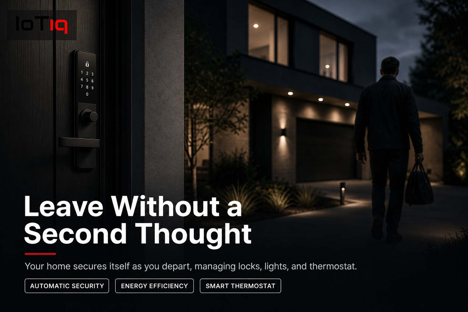 Smart home exterior with lights off and smart lock engaging as person departs