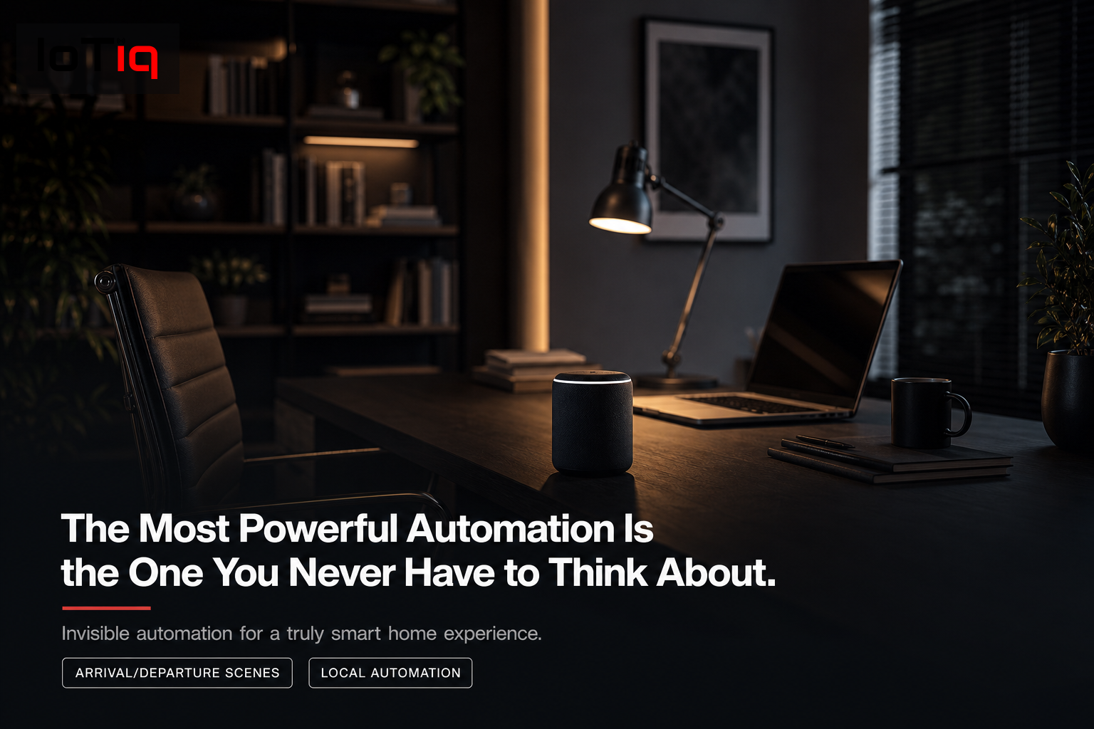 Home office with smart lighting and calendar-integrated automation.