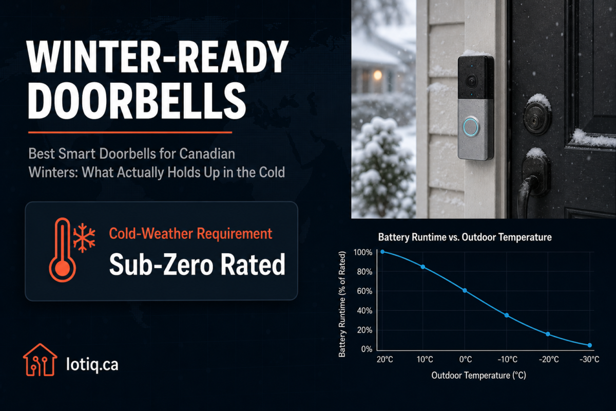 Video doorbell mounted on a snow-covered Canadian front door, illustrating cold-weather battery and sub-zero rating considerations for winter