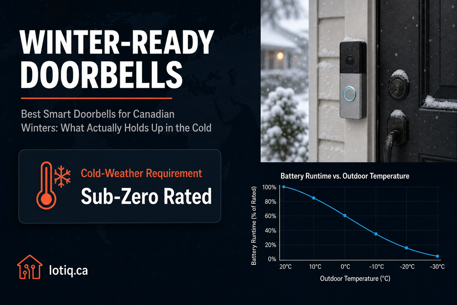 Video doorbell mounted on a snow-covered Canadian front door, illustrating cold-weather battery and sub-zero rating considerations for winter