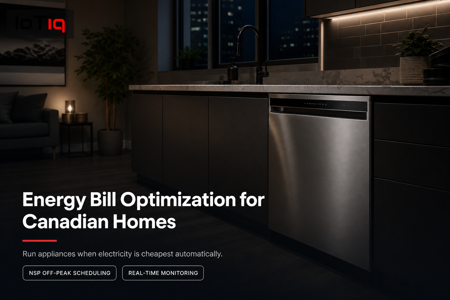 Canadian kitchen with smart dishwasher running during off-peak hours