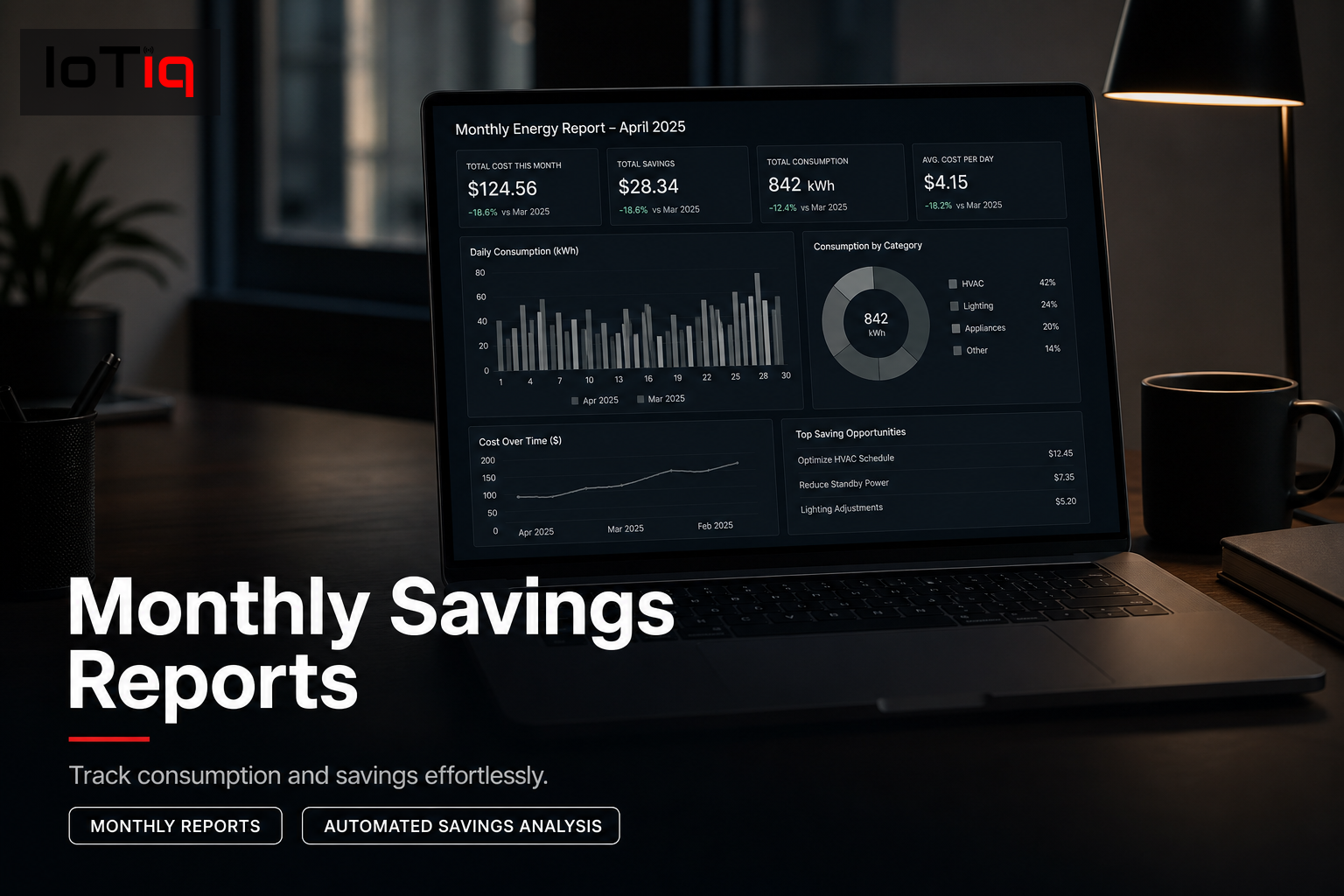 Laptop showing a monthly energy savings report in a home office