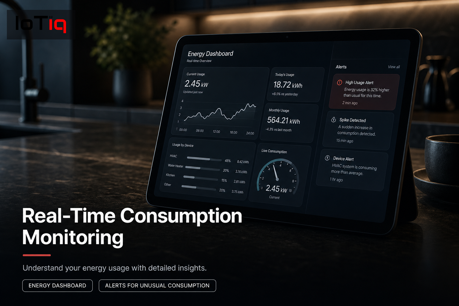 Tablet displaying real-time energy consumption dashboard in a kitchen