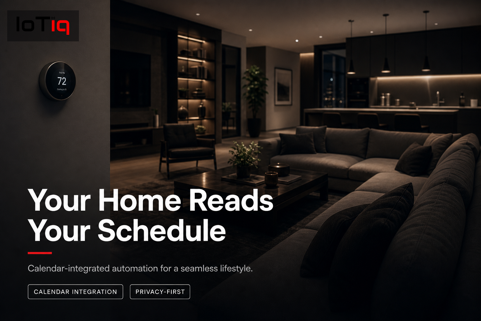 Luxurious living room with smart home features integrated with calendar automation.