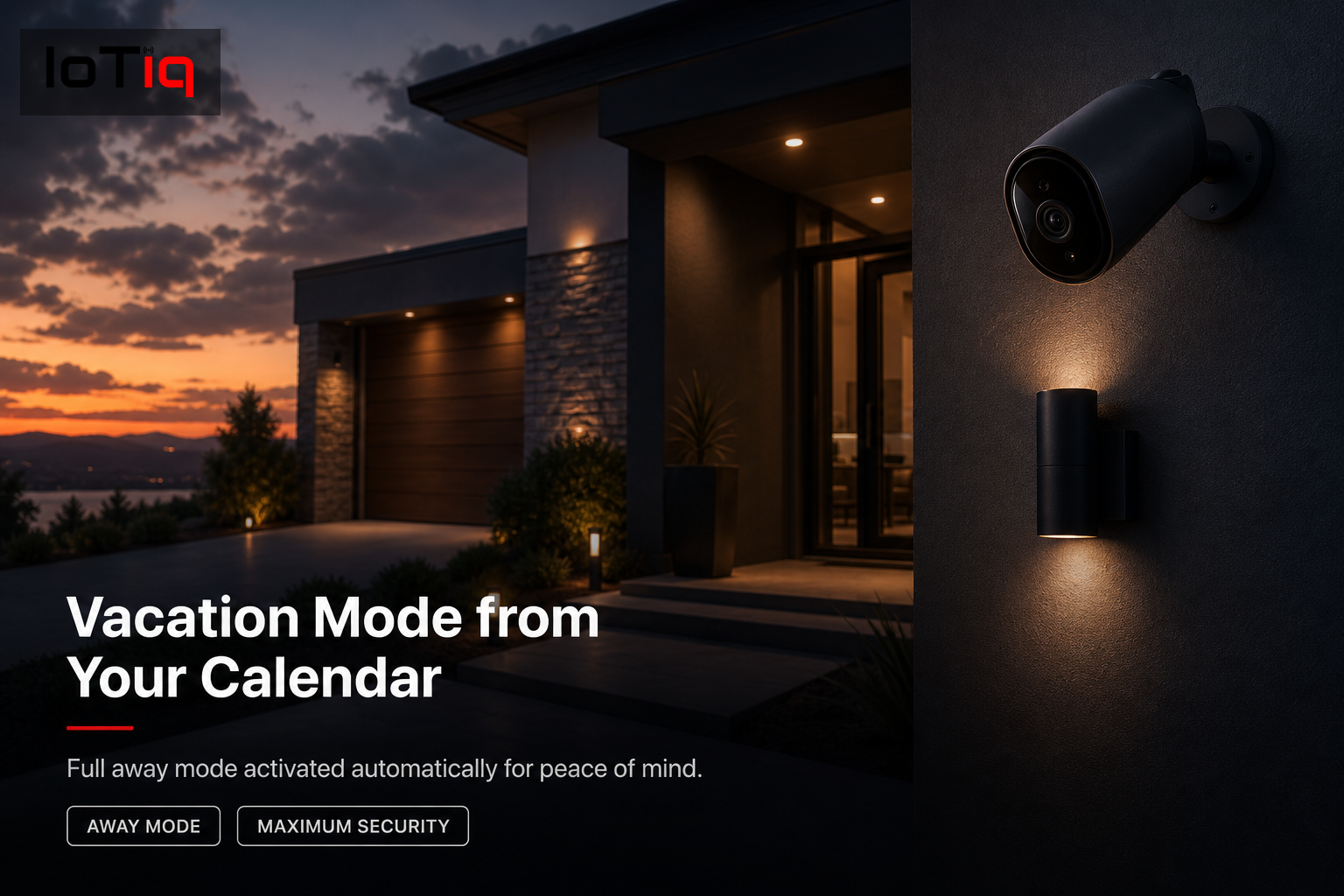 Smart home with outdoor security features and vacation mode automation.