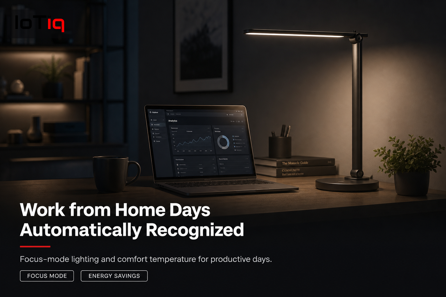 Home office with smart lighting and calendar-integrated automation.