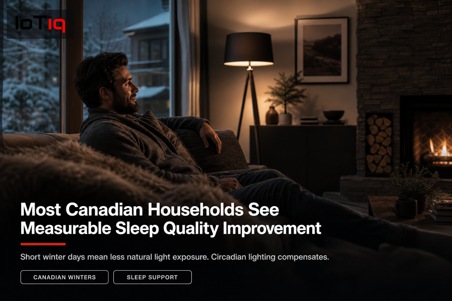 Cozy living room with smart lighting providing warm light during Canadian winter evening