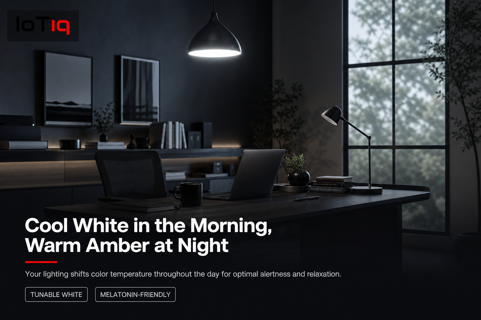 Home office with smart bulb emitting cool white light for increased alertness
