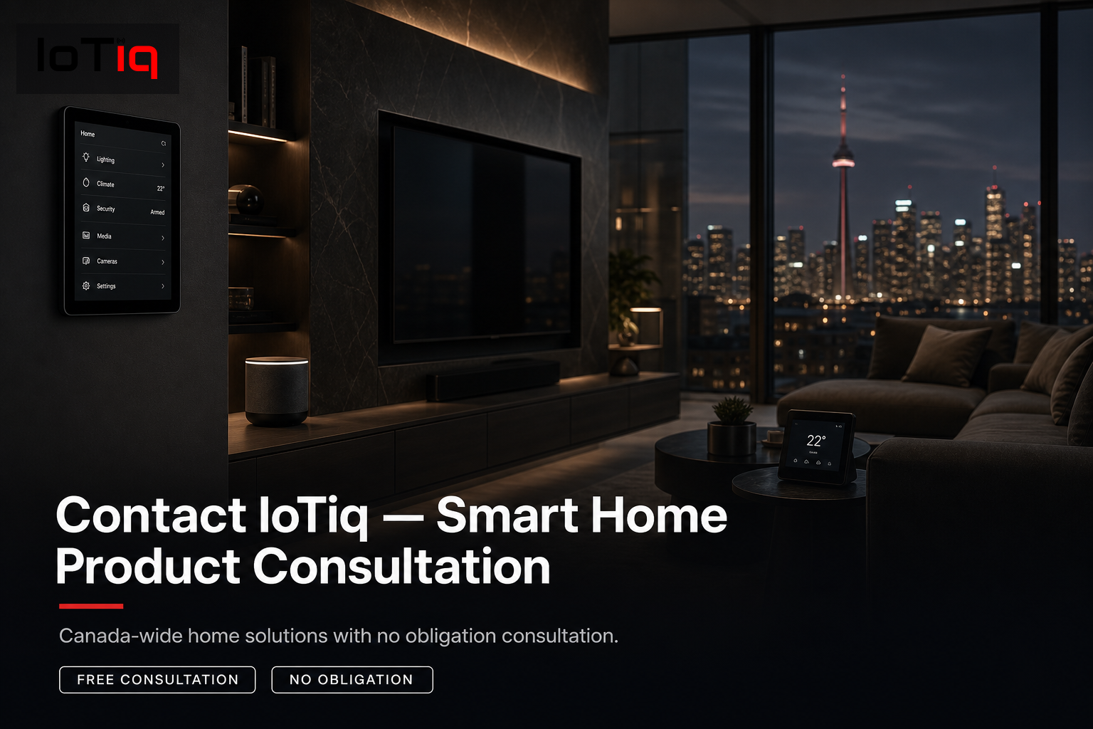 Modern living room with smart home devices, IoTiq consultation service