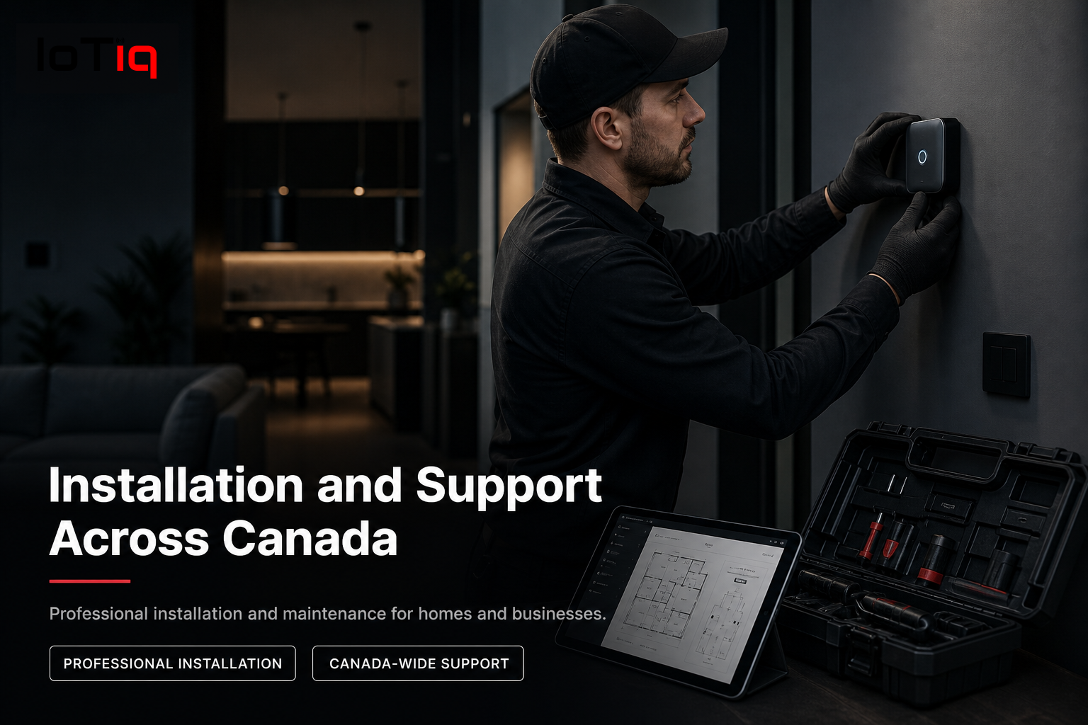 Technician installing smart device in modern home, IoTiq support