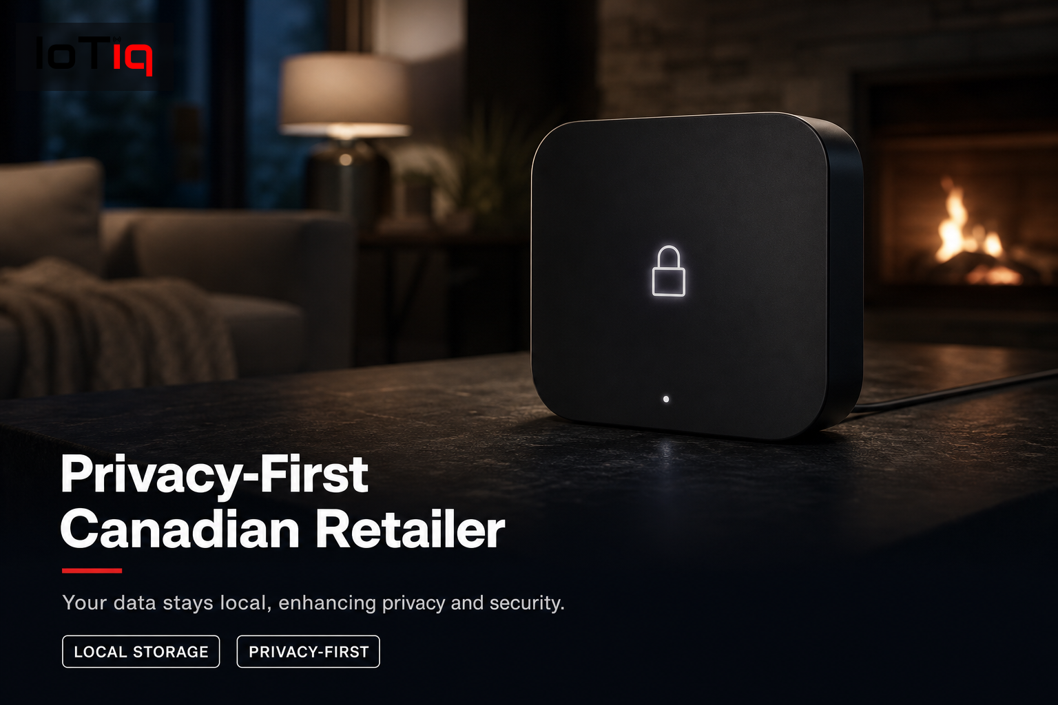 Smart home hub with privacy lock icon, local data storage