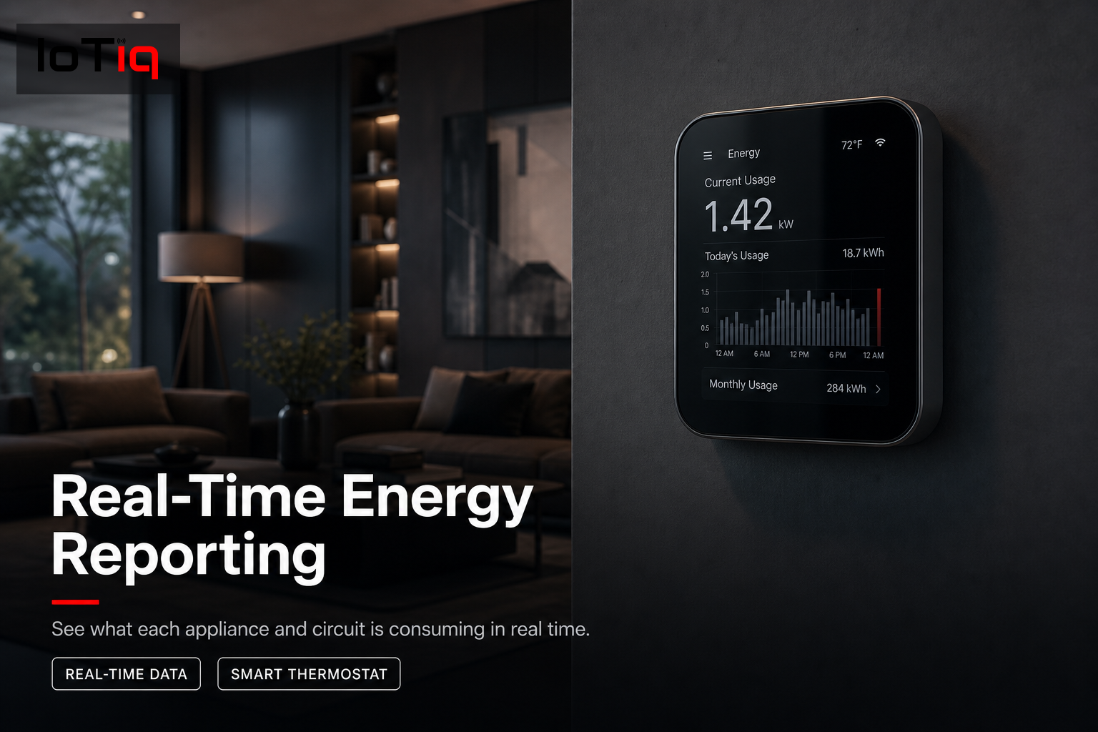 Modern living room with smart thermostat showing real-time energy usage