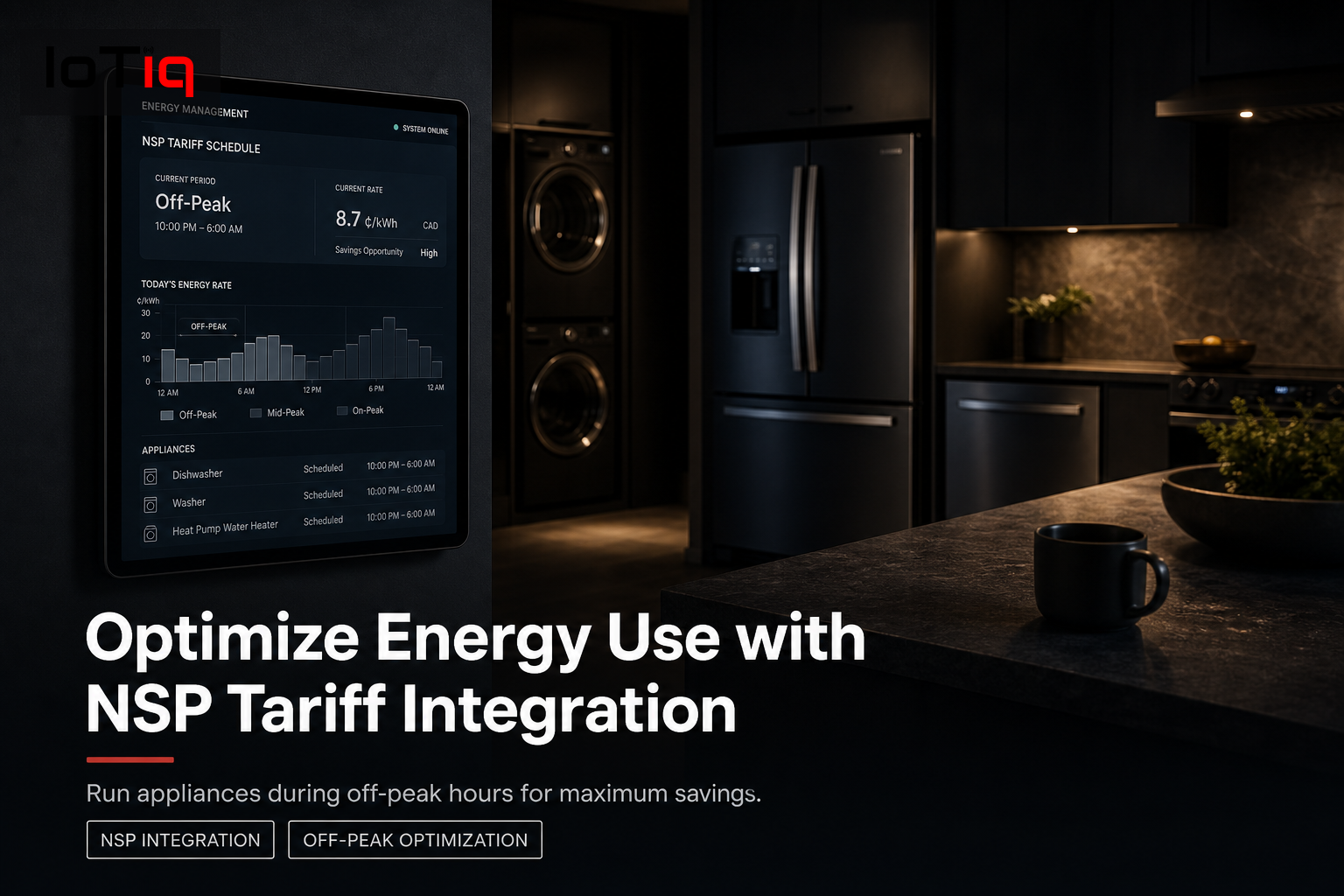 Modern kitchen with appliances optimized for off-peak energy use