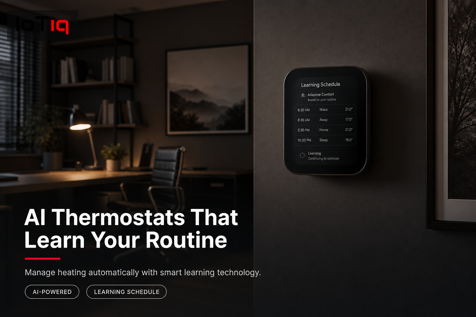Home office with AI-powered smart thermostat on the wall
