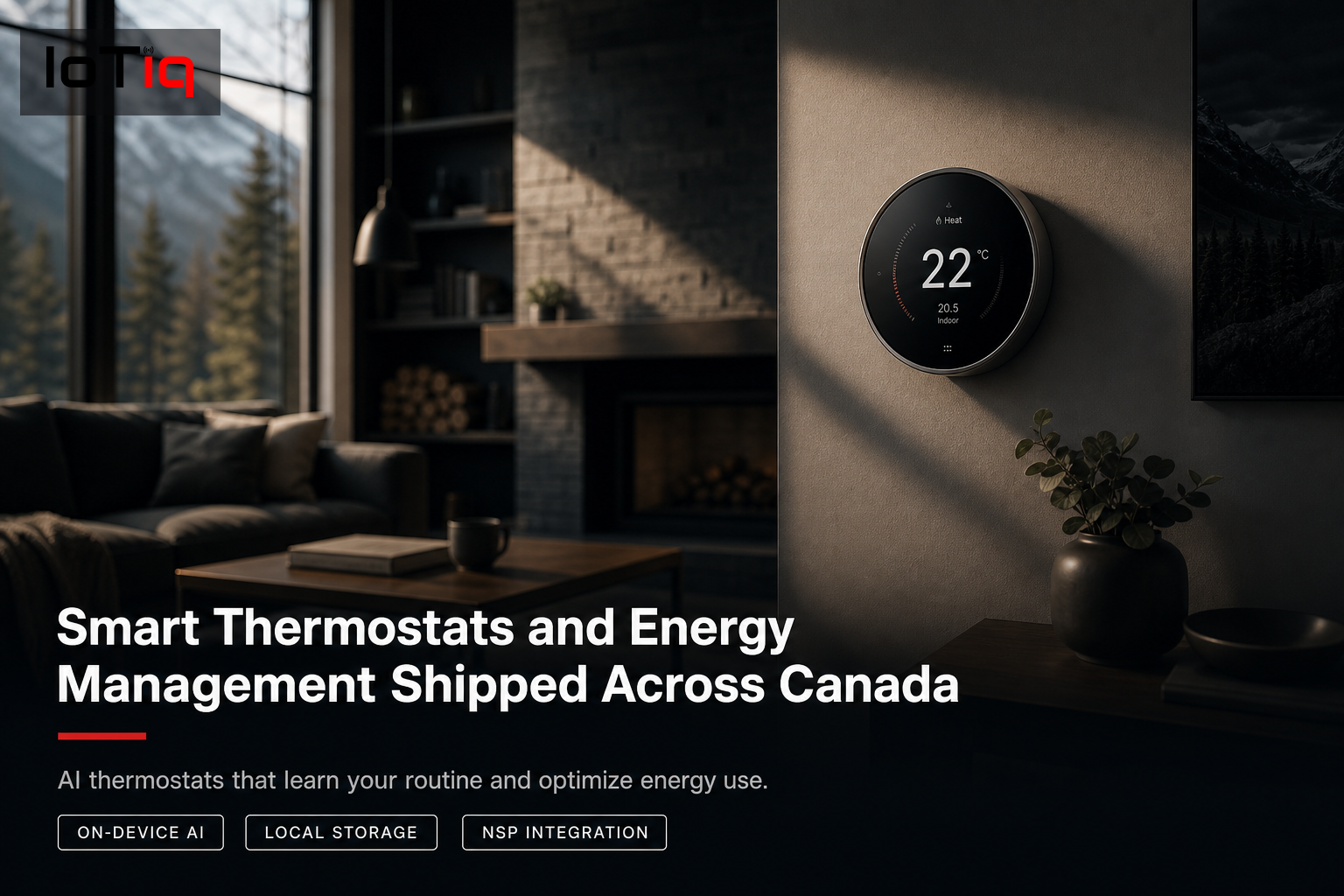 Smart thermostat in a Canadian living room with sunlight and modern furniture.
