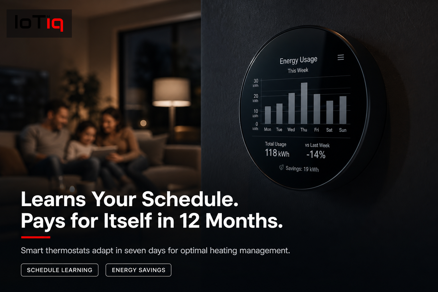 Smart thermostat displaying energy usage graph with a family in the background.