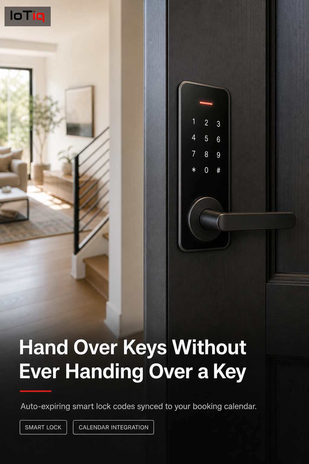 A smart lock on a short-term rental front door generating a time-limited guest code.