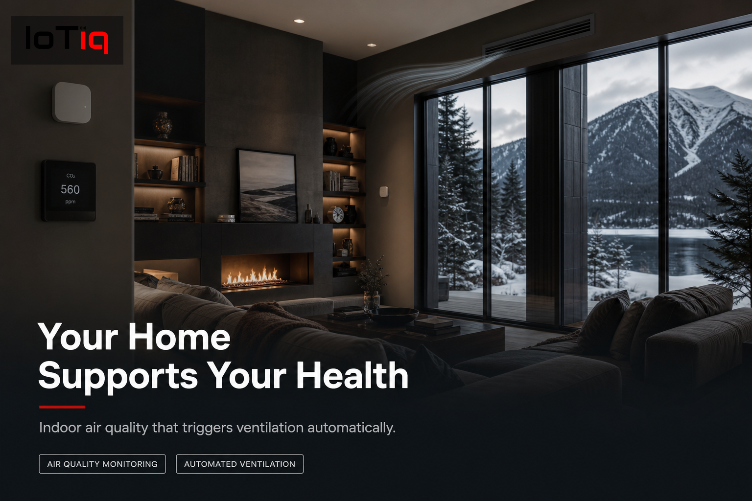 Modern living room with air quality monitoring sensors and automated ventilation system