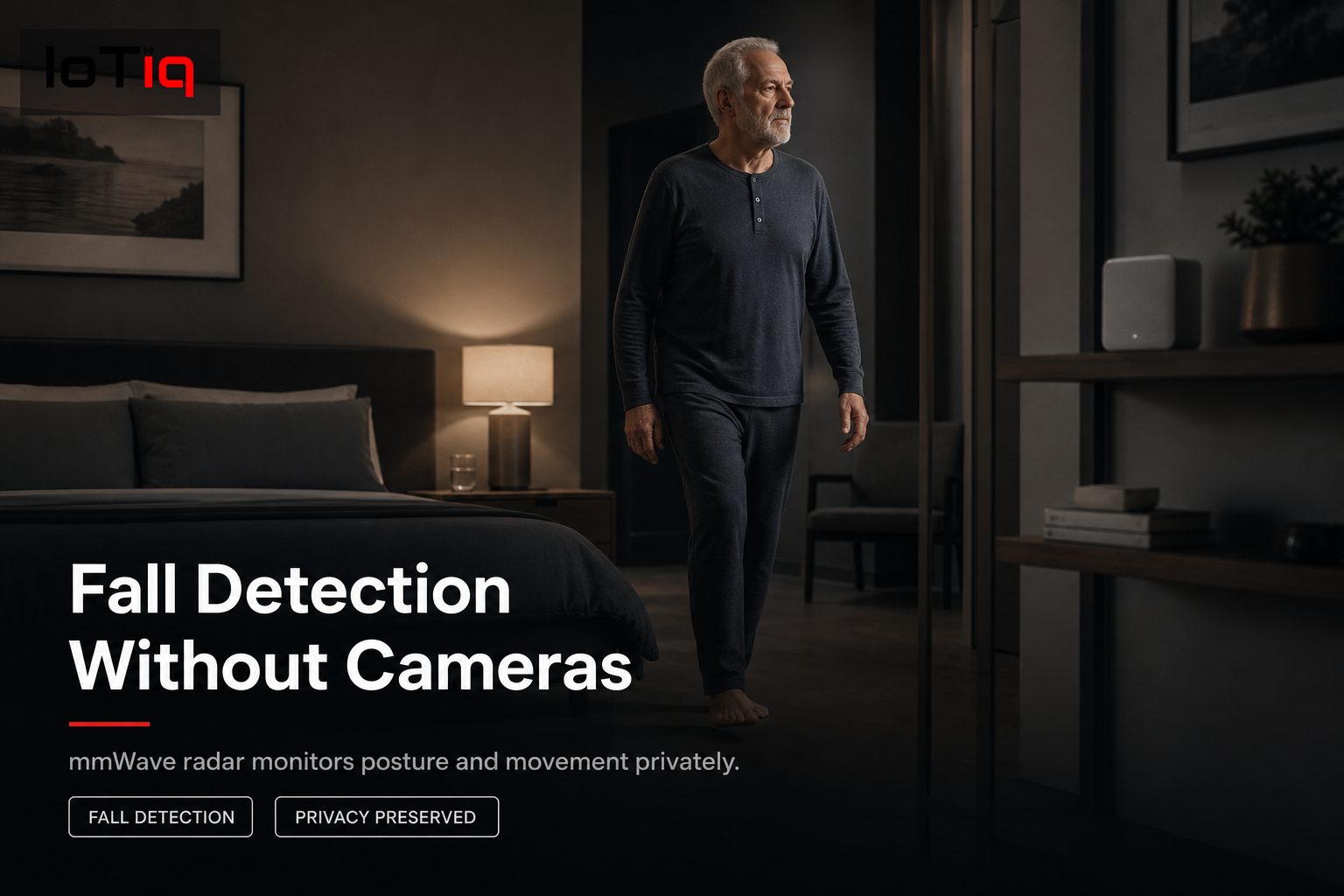 Senior adult in a bedroom with fall detection radar device ensuring privacy