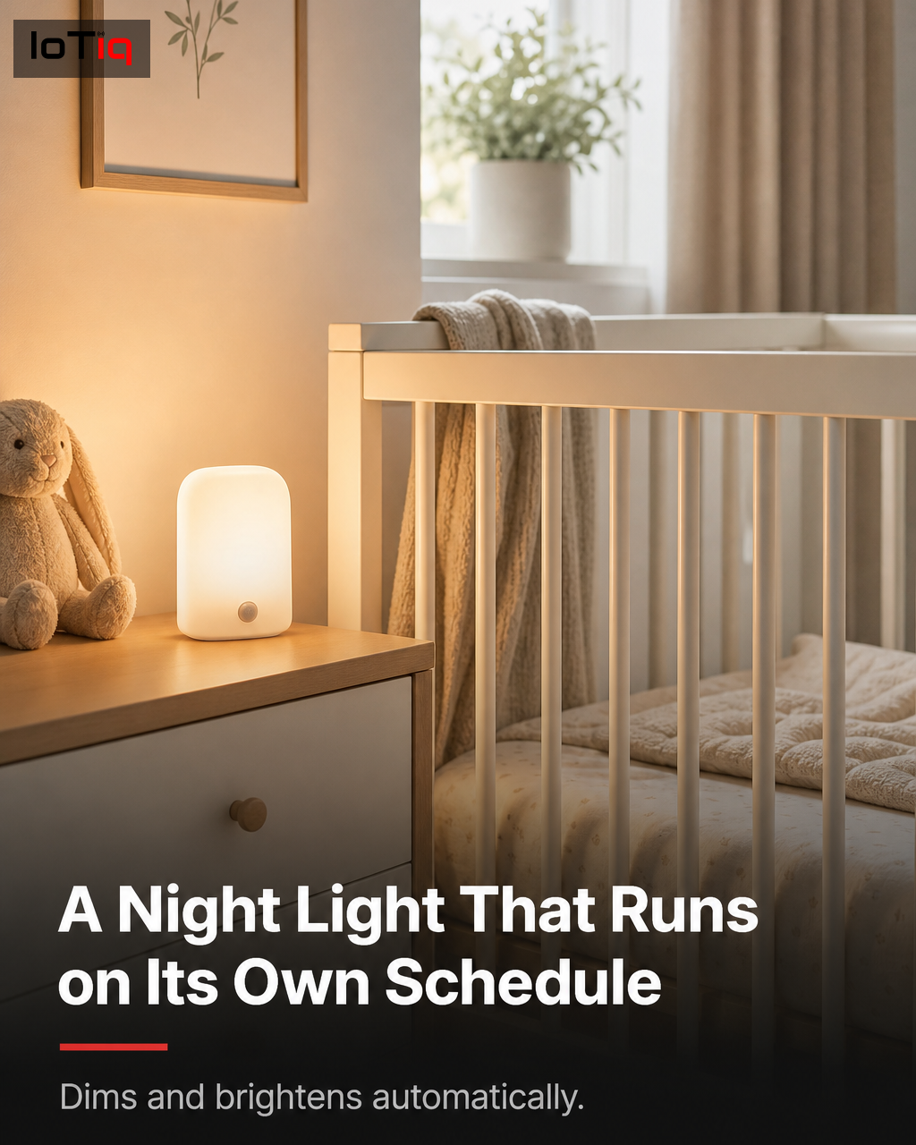 A scheduled smart night light dimming automatically in a nursery at bedtime.