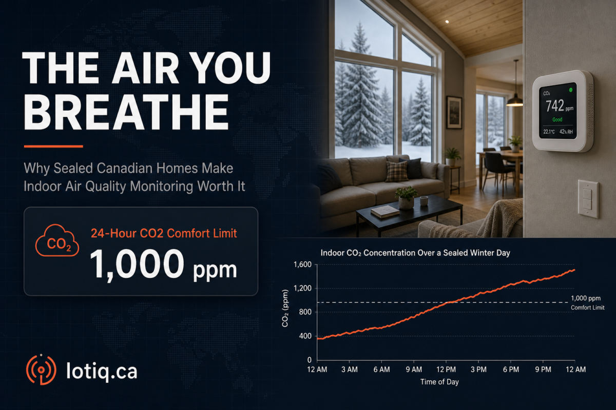 Sealed, well-insulated Canadian home interior in winter showing indoor air quality monitoring for CO2, VOCs, and humidity