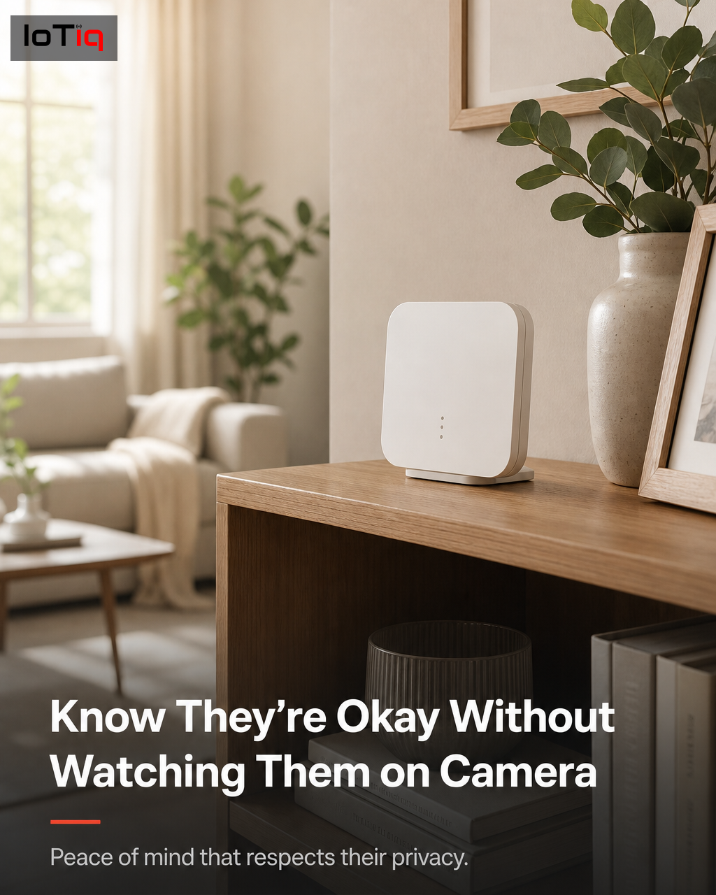 A discreet radar-based fall detection sensor mounted on a living room wall, no camera.
