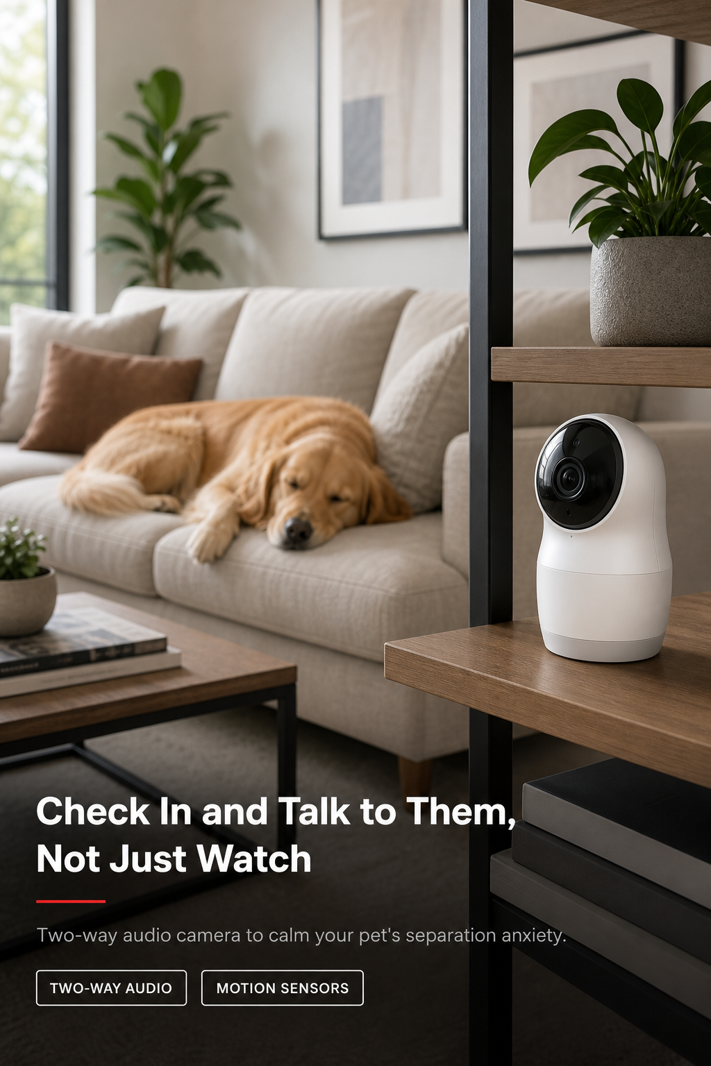 A two-way audio pet camera positioned in a living room where a dog spends the day.