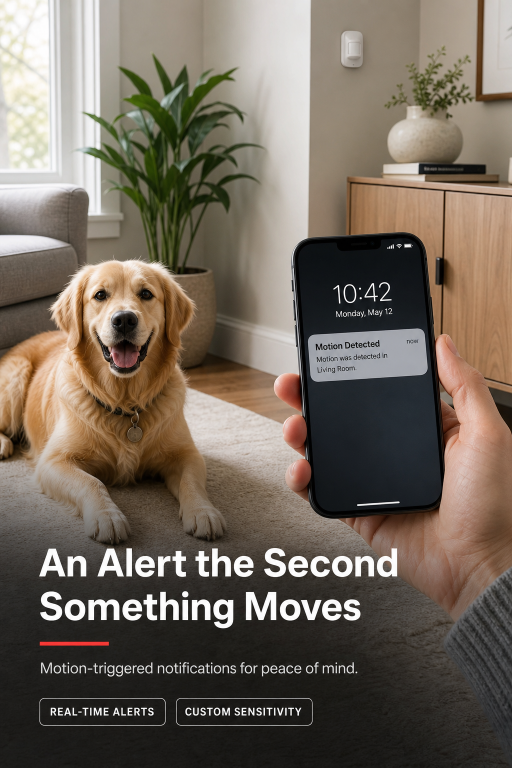 An owner talking to their dog remotely through a phone app during the workday.
