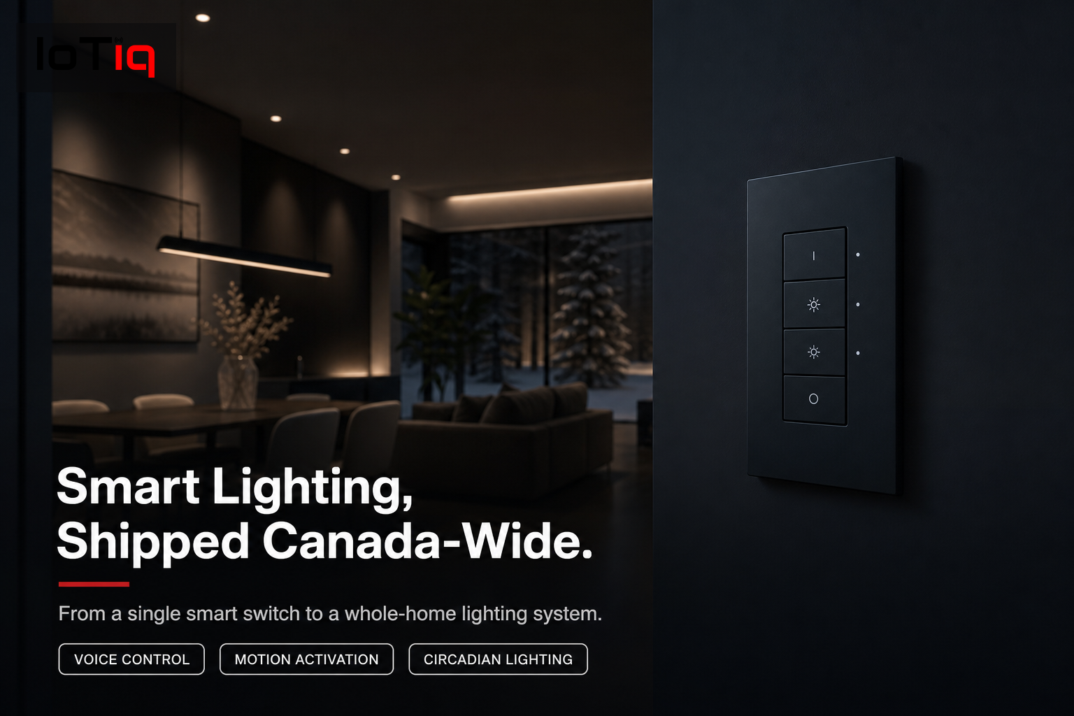 Outdoor smart lighting illuminating a Canadian home at dusk, showcasing driveway and garden lights.