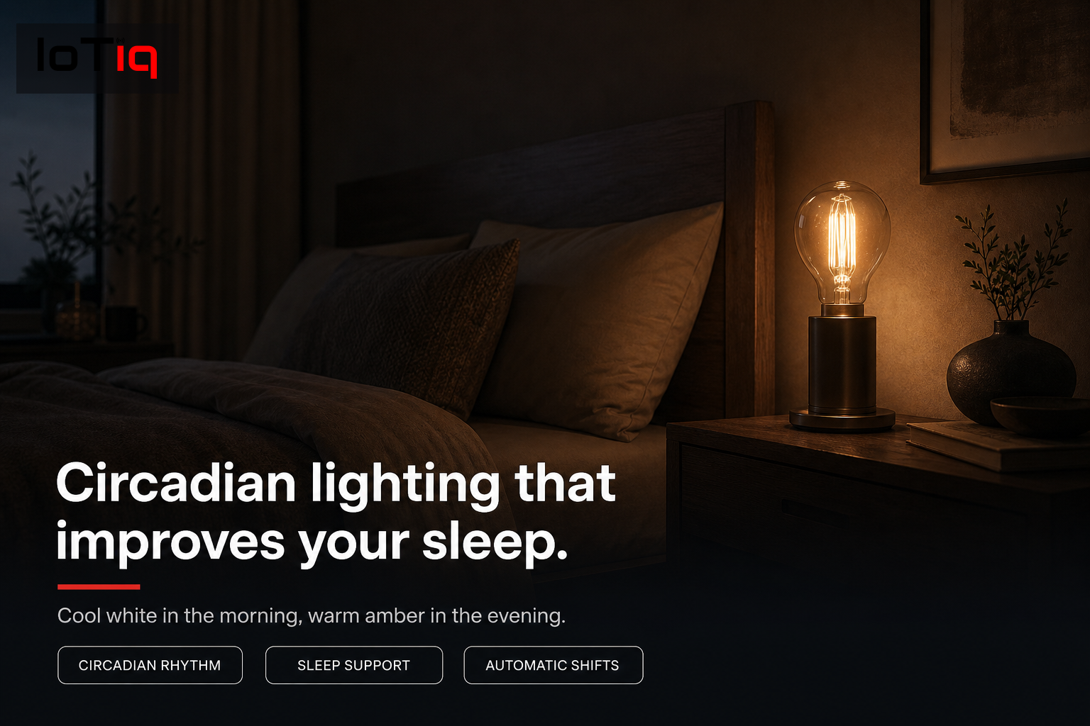 Circadian lighting bulb glowing warm amber on a bedside table, promoting better sleep.