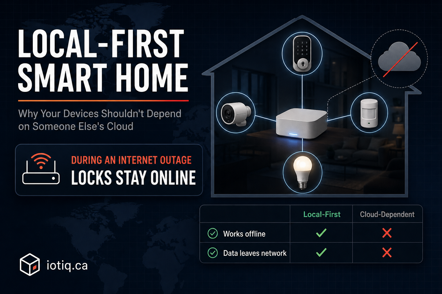 Local-first smart home hub connected to locks, cameras, sensors and lights on a home network, staying online during an internet outage unlike cloud-dependent devices