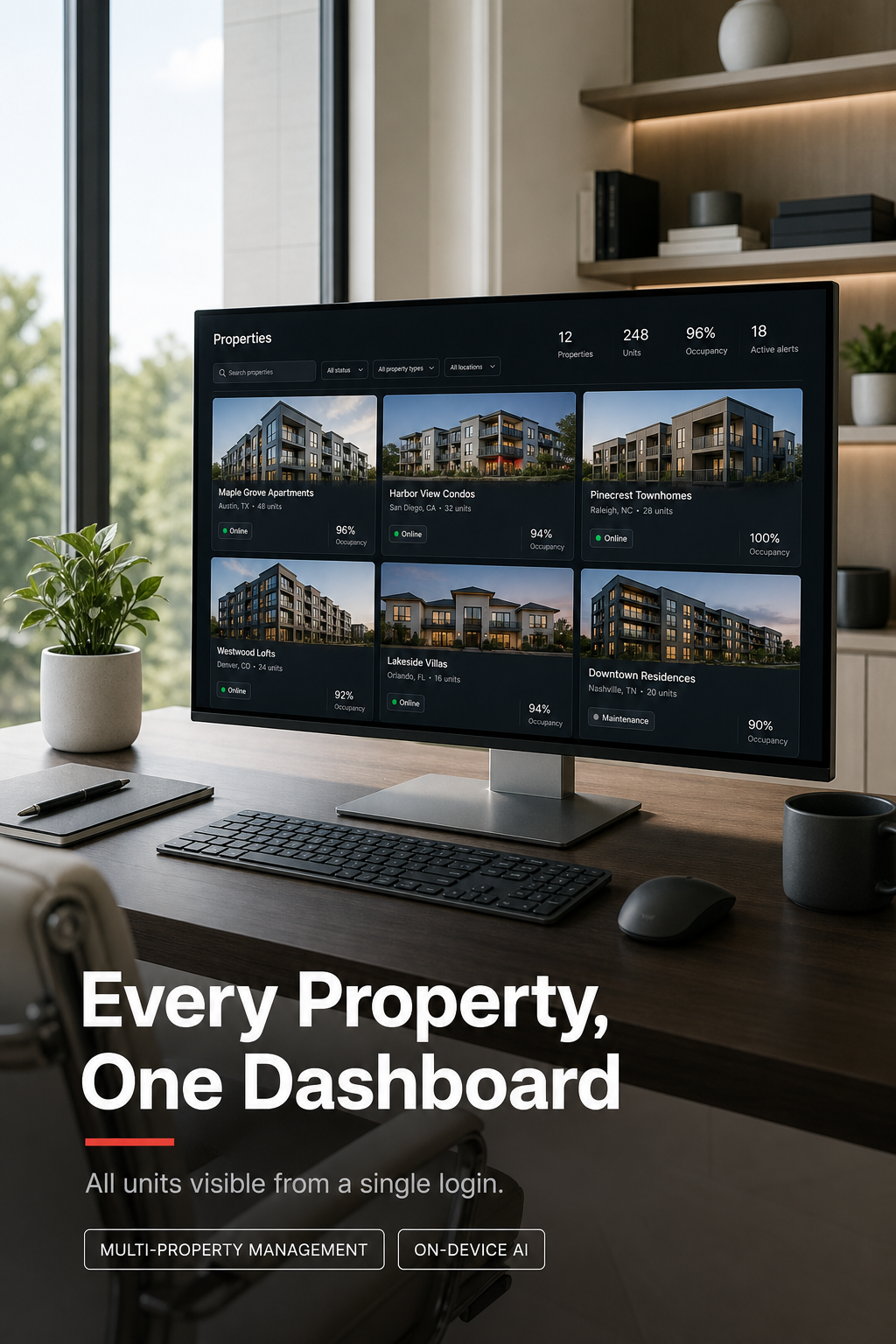 A property management dashboard showing multiple managed properties on one screen.