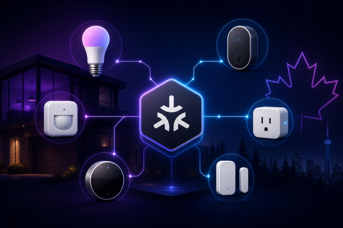 Illustration of multiple smart home device icons from different brands connecting into a central Matter standard hub icon