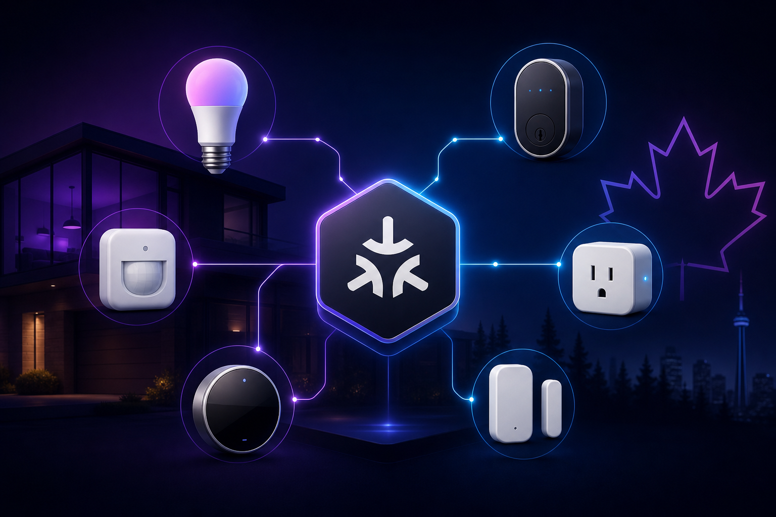 Illustration of multiple smart home device icons from different brands connecting into a central Matter standard hub icon