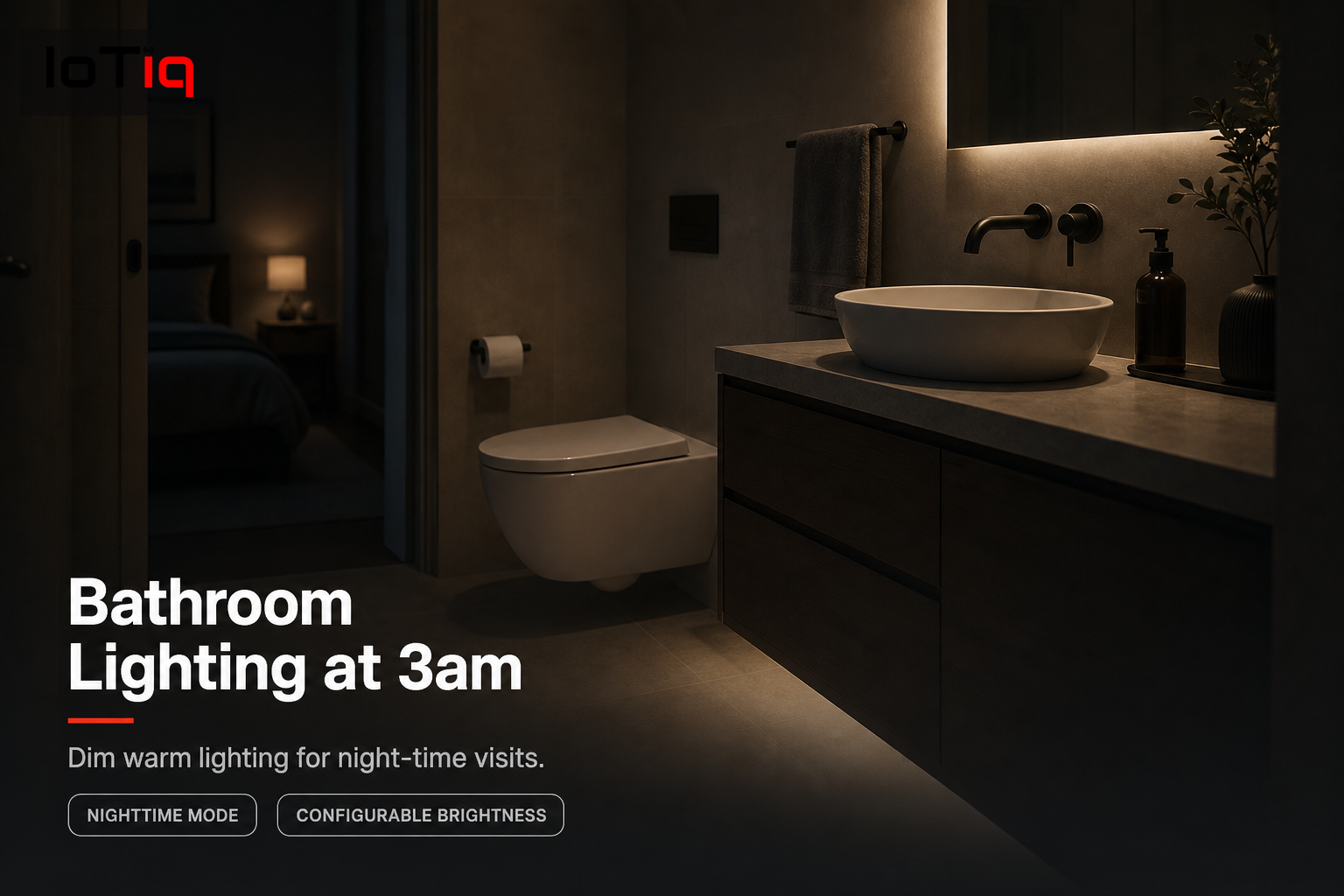 Bathroom softly lit with dim, warm lights for comfortable night-time use.