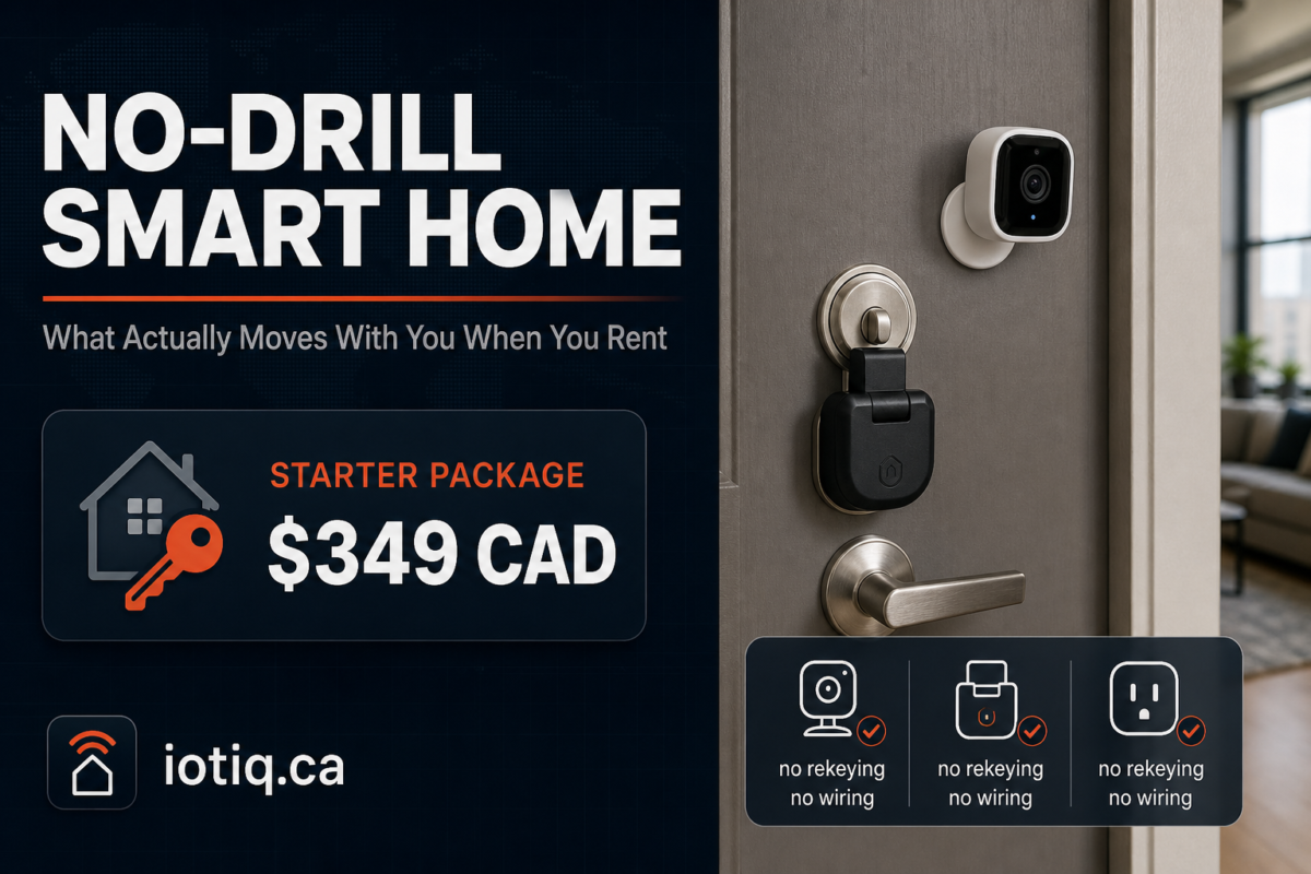 Renter-friendly no-drill smart home setup with battery camera, retrofit lock adapter and smart plug, starter package from $349 CAD