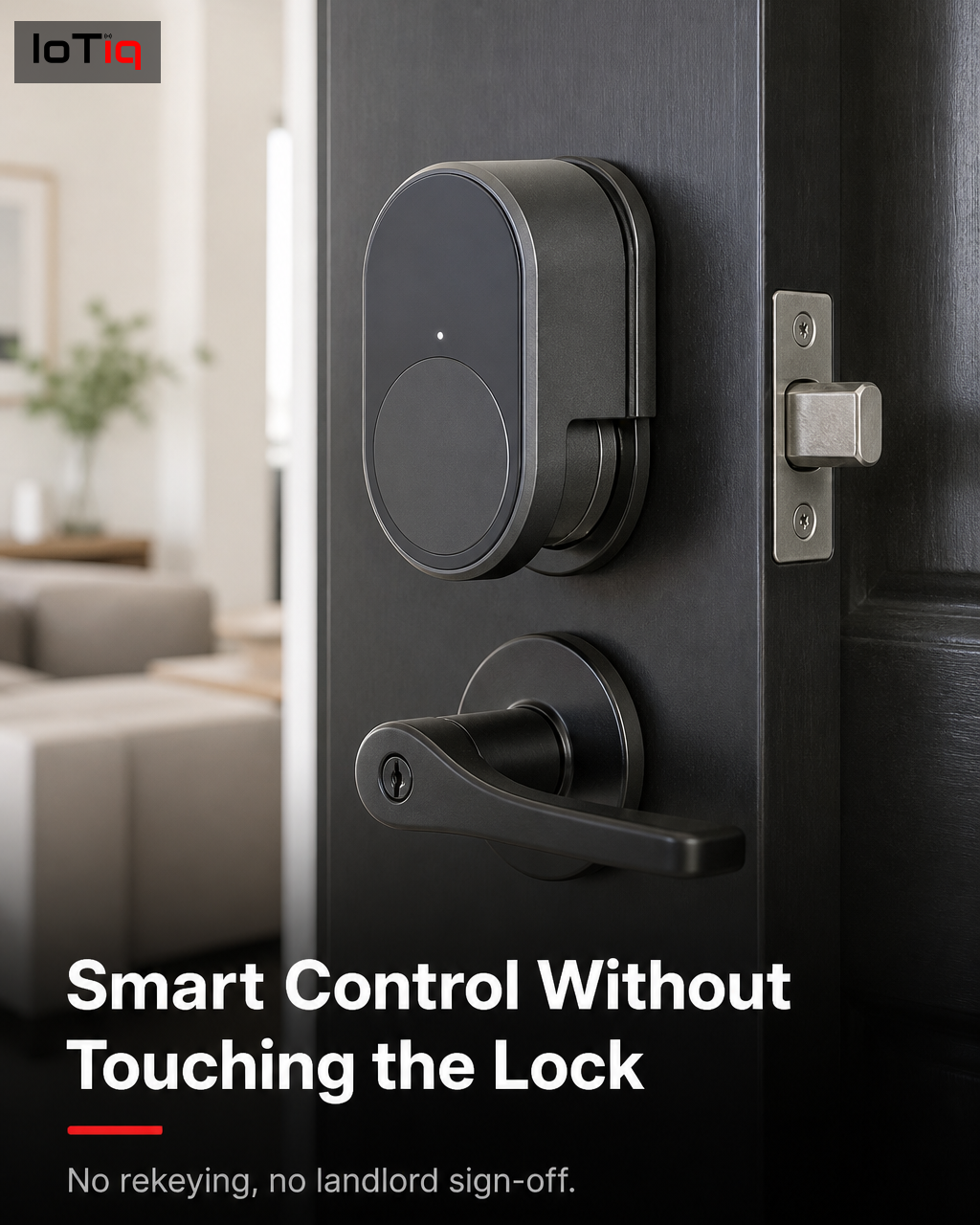 A smart plug controlling a lamp in a condo living room from a phone app.