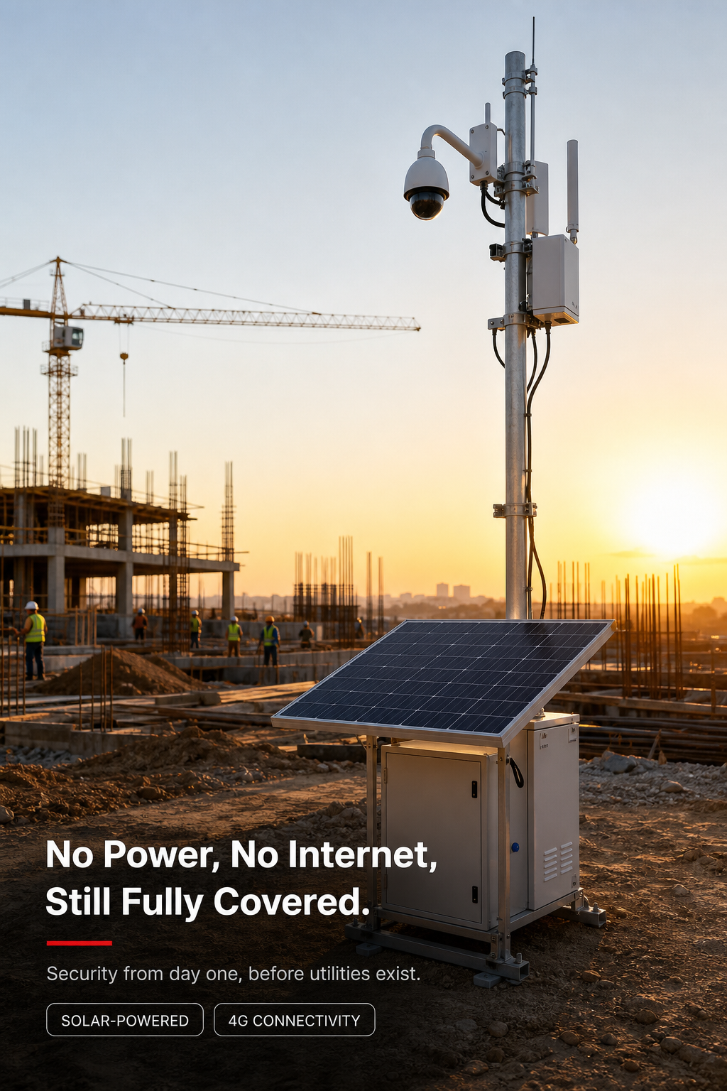 A solar-powered 4G camera tower deployed on an active construction site.