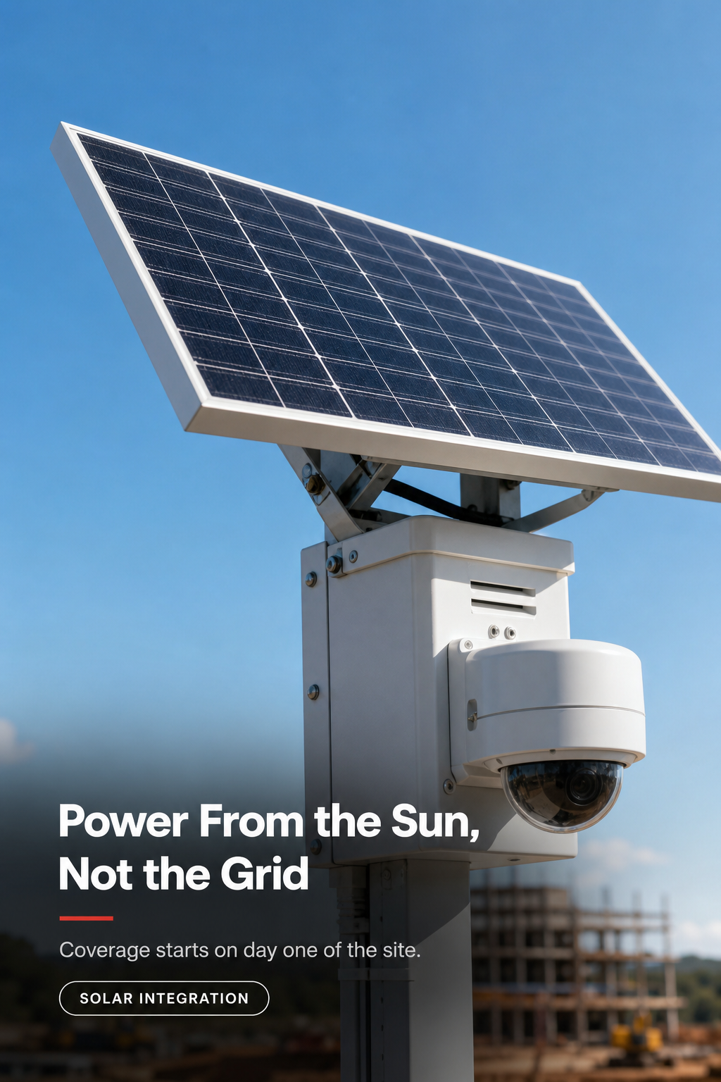 A close-up of the solar panel and camera unit on a mobile construction security tower.