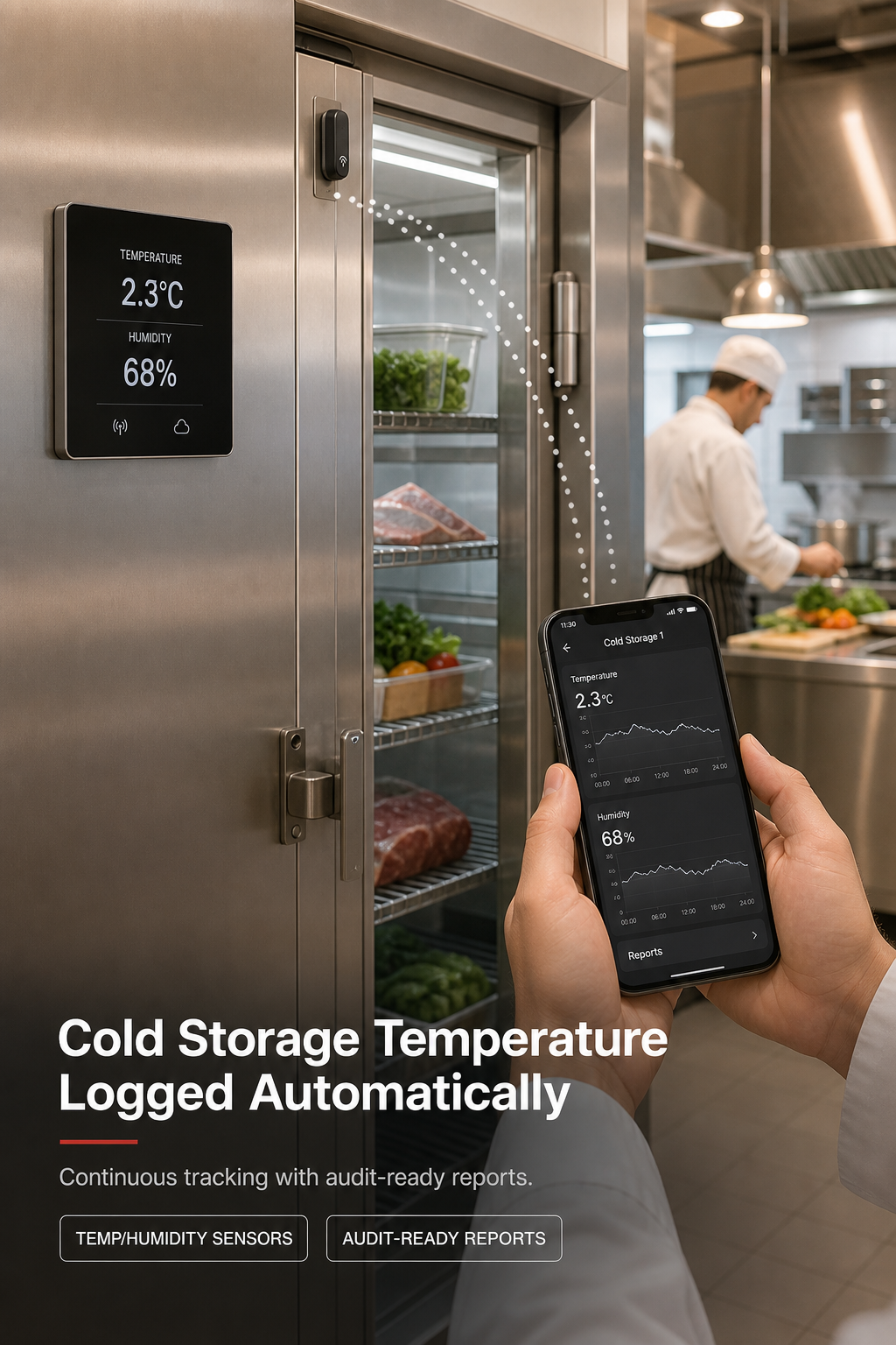 A temperature and humidity sensor mounted inside a restaurant walk-in cooler.