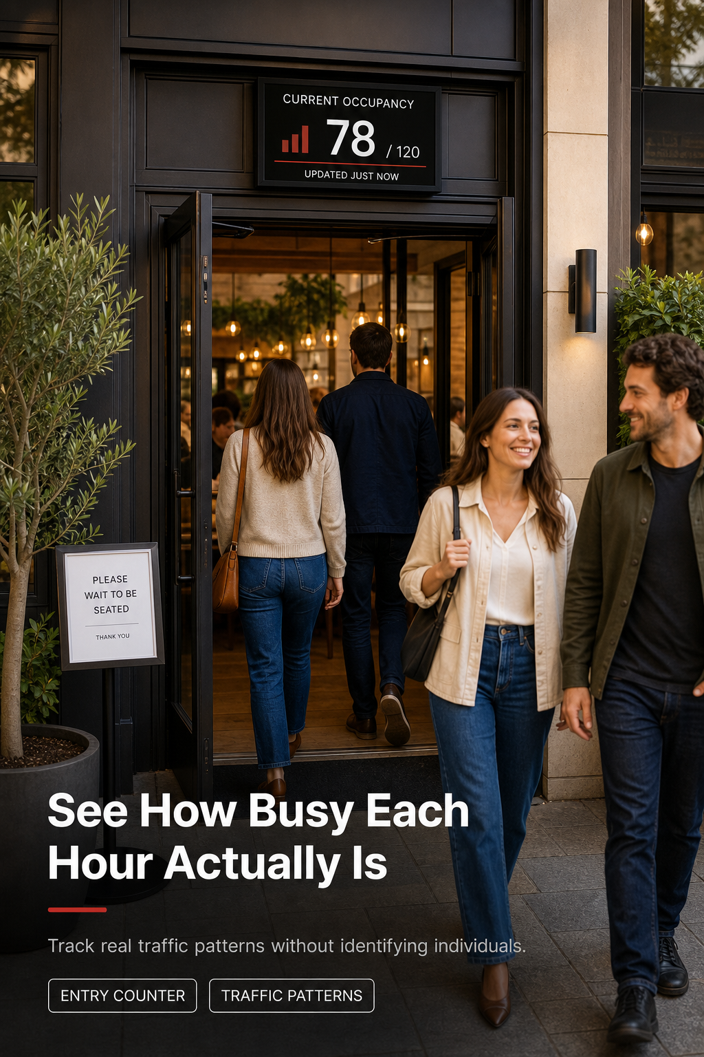 An entry counter tracking hourly customer traffic near a cafe entrance.