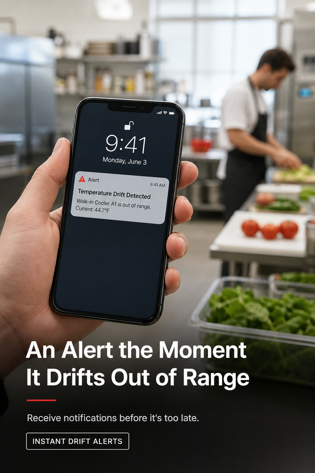 A restaurant manager receiving a push notification about a cold storage temperature drift.
