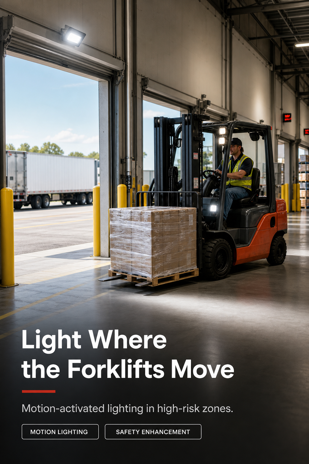 Motion-activated lighting turning on as a forklift moves through a loading zone.