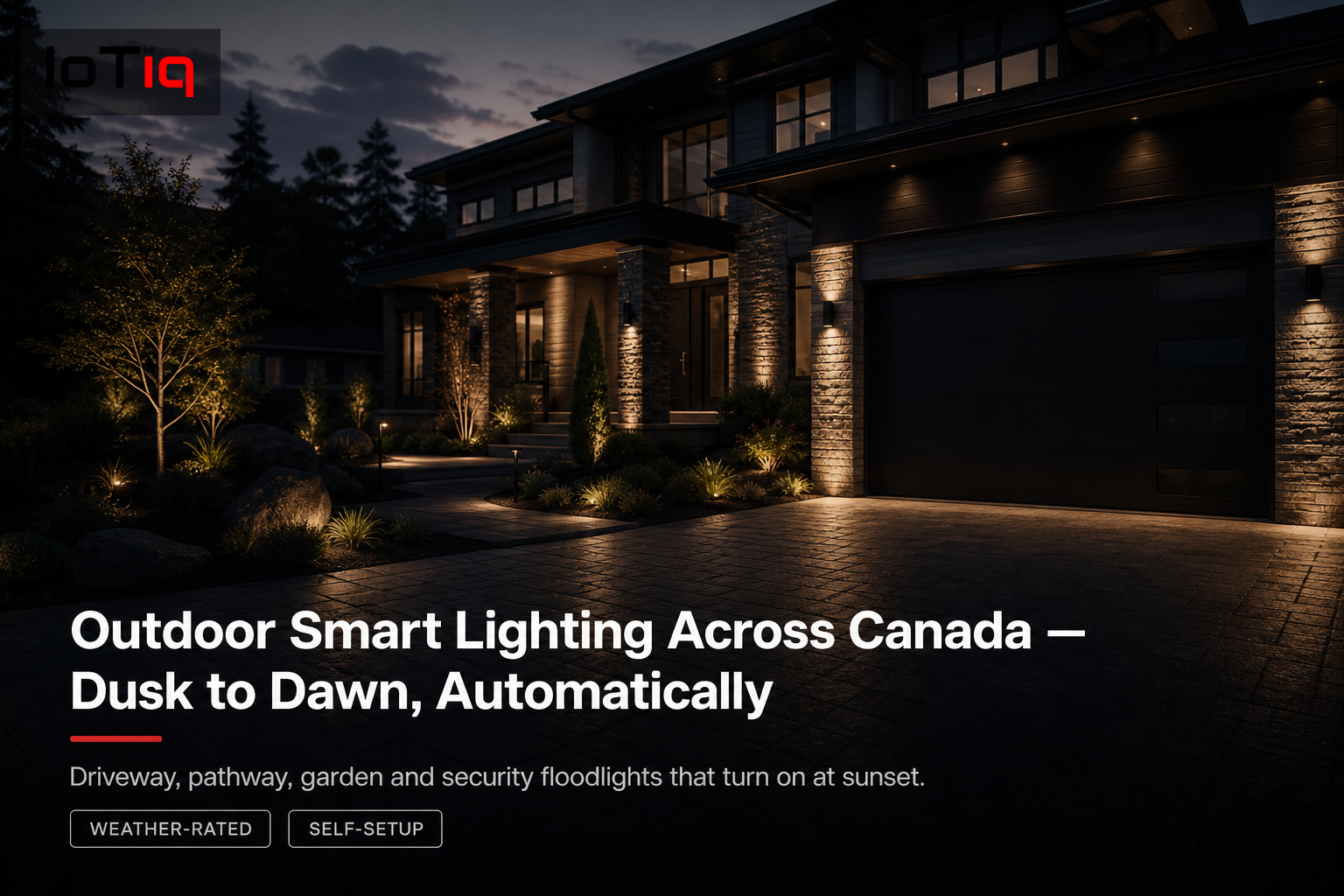 Outdoor smart lighting illuminating a Canadian home at dusk, showcasing driveway and garden lights.