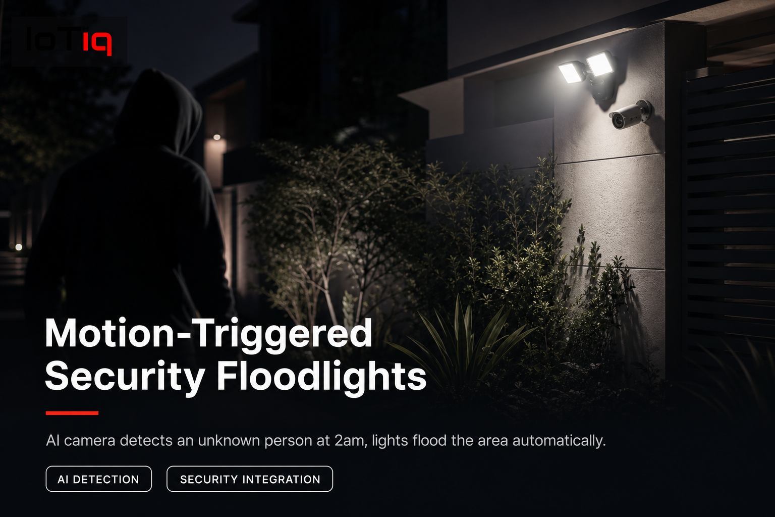 Security floodlights activated by AI camera detection, illuminating a garden area at night.