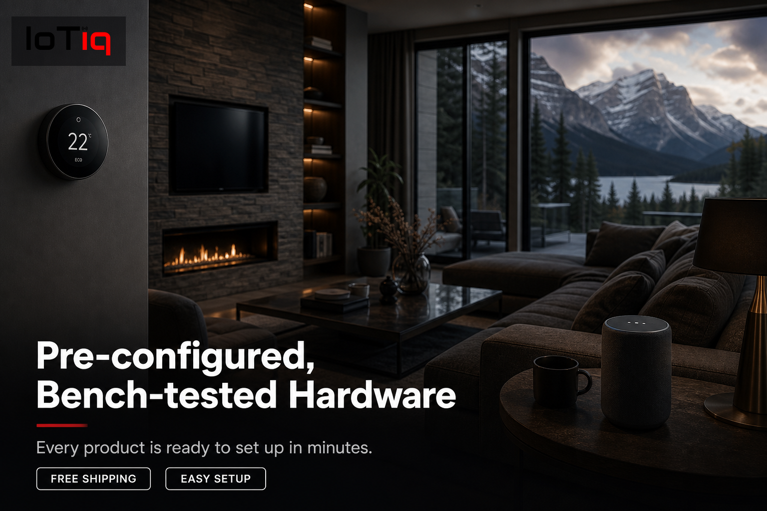 Modern living room with smart home devices like a thermostat and speaker, ready for easy setup.